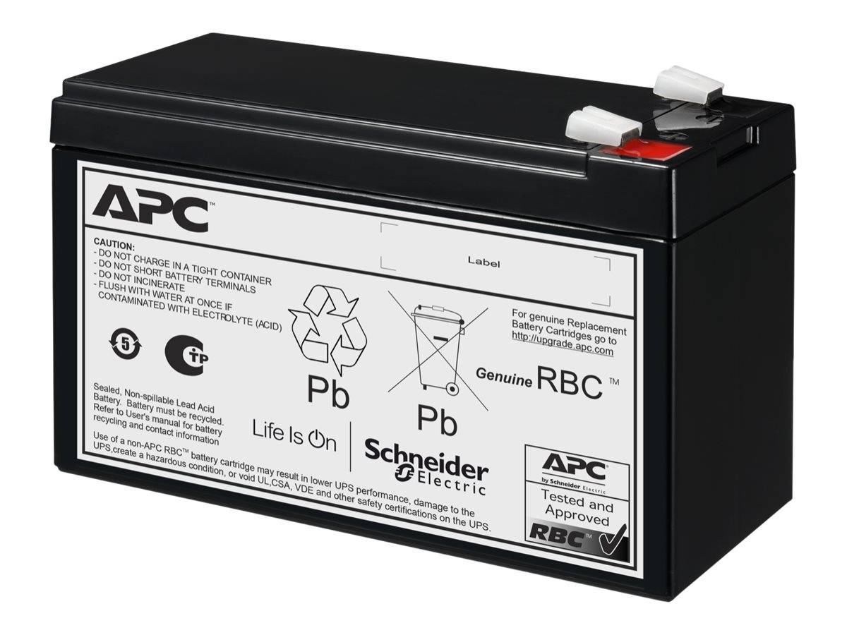 Akku der Marke APC mit Recycling-Symbolen und Schneider Electric-Logo. Etikett warnt vor unsachgemäßer Verwendung und hebt 'Genuine RBC' hervor.