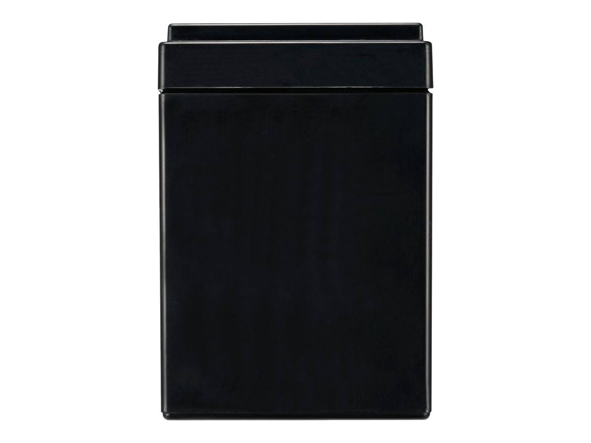 Eine schlanke, rechteckige schwarze Box mit einem flachen Deckel, konzipiert zum Aufbewahren von kleinen Gegenständen oder zum Organisieren von Raum.