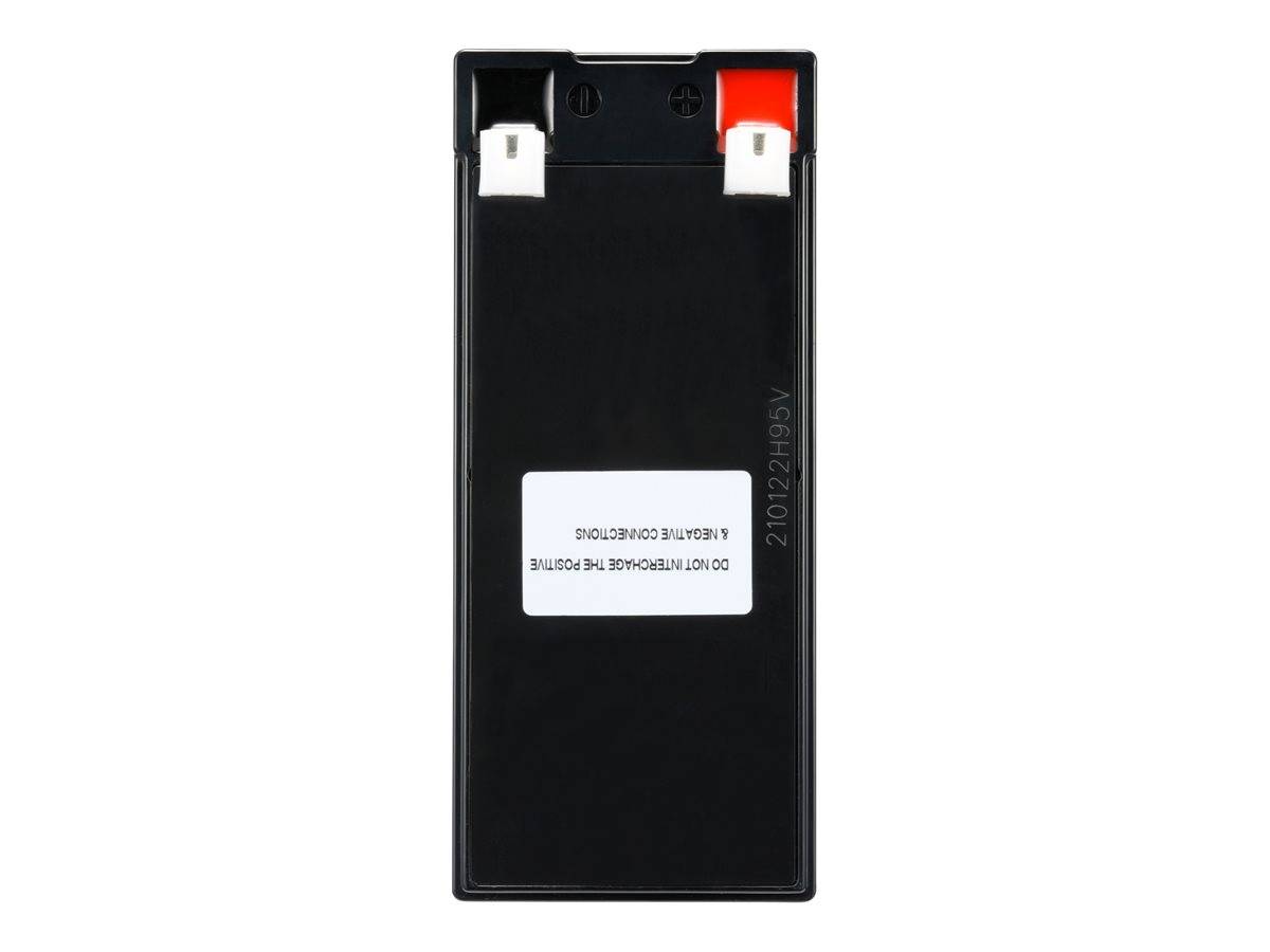Eine rechteckige schwarze Batterie mit positiven und negativen Anschlüssen oben, versehen mit einer Beschriftung, die lautet: 