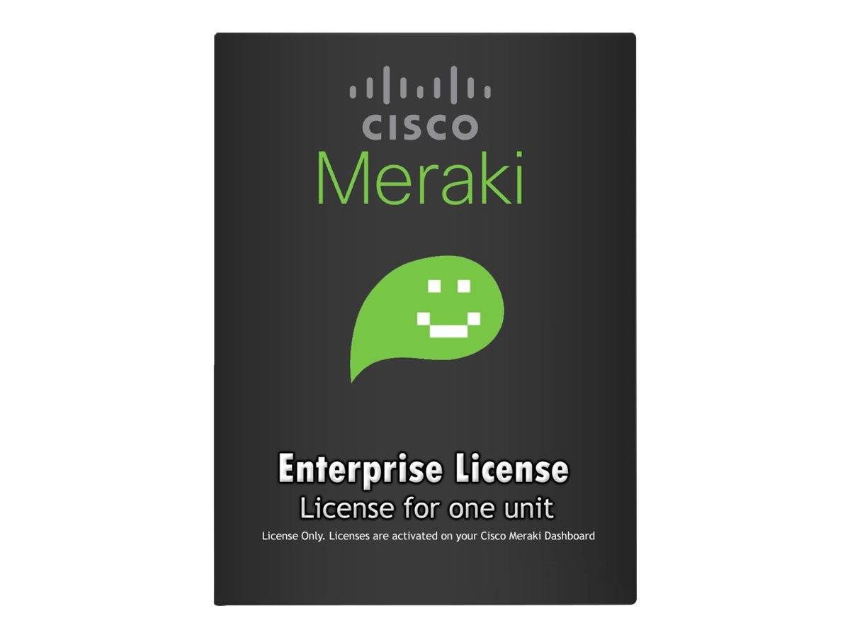 Cisco Meraki Enterprise-Lizenz' Verpackung mit Logo und grüner Chat-Symbol. Text: 'Lizenz für eine Einheit. Lizenzen werden im Dashboard aktiviert.