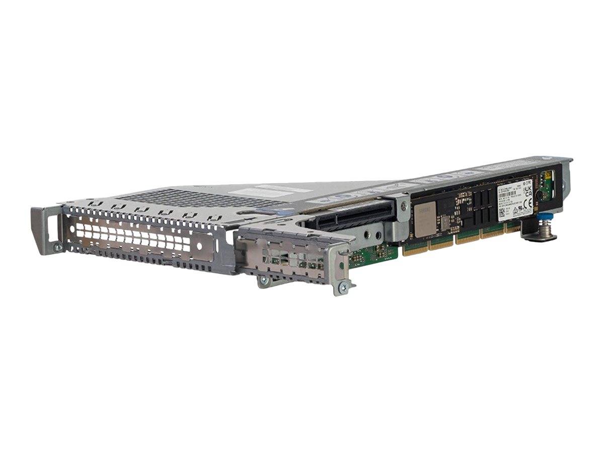 Auf Schienen montierte Speicherlaufwerkskomponente eines Servers in einem Metallgehäuse, in einem Winkel auf weißem Hintergrund dargestellt.