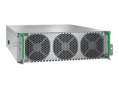 Silberfarbiges Rack-Mount-Server-Netzteil mit drei vorderen Kühlungslüftern hinter einem Lochblech-Gitter.