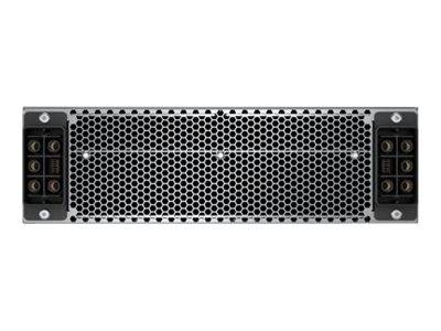 Frontansicht einer Stromversorgungseinheit für ein Serverrack mit einem perforierten Metallgitter und Anschlussanschlüssen an beiden Enden.