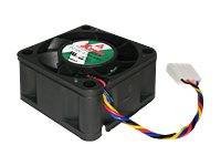 Ein kleiner Computer-Kühlventilator mit schwarzem Rahmen, kreisförmigen Blättern und einem weißen Stecker mit roten, gelben und schwarzen Drähten.