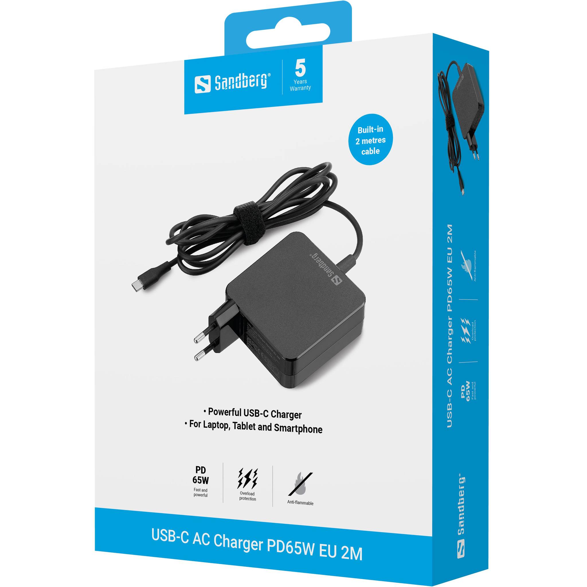 Produktbox für Sandberg USB-C Netzteil PD65W EU 2M mit schwarzem Ladegerät mit integriertem 2-Meter-Kabel und 65-W-Stromlieferung für Laptop, Tablet und Smartphone.