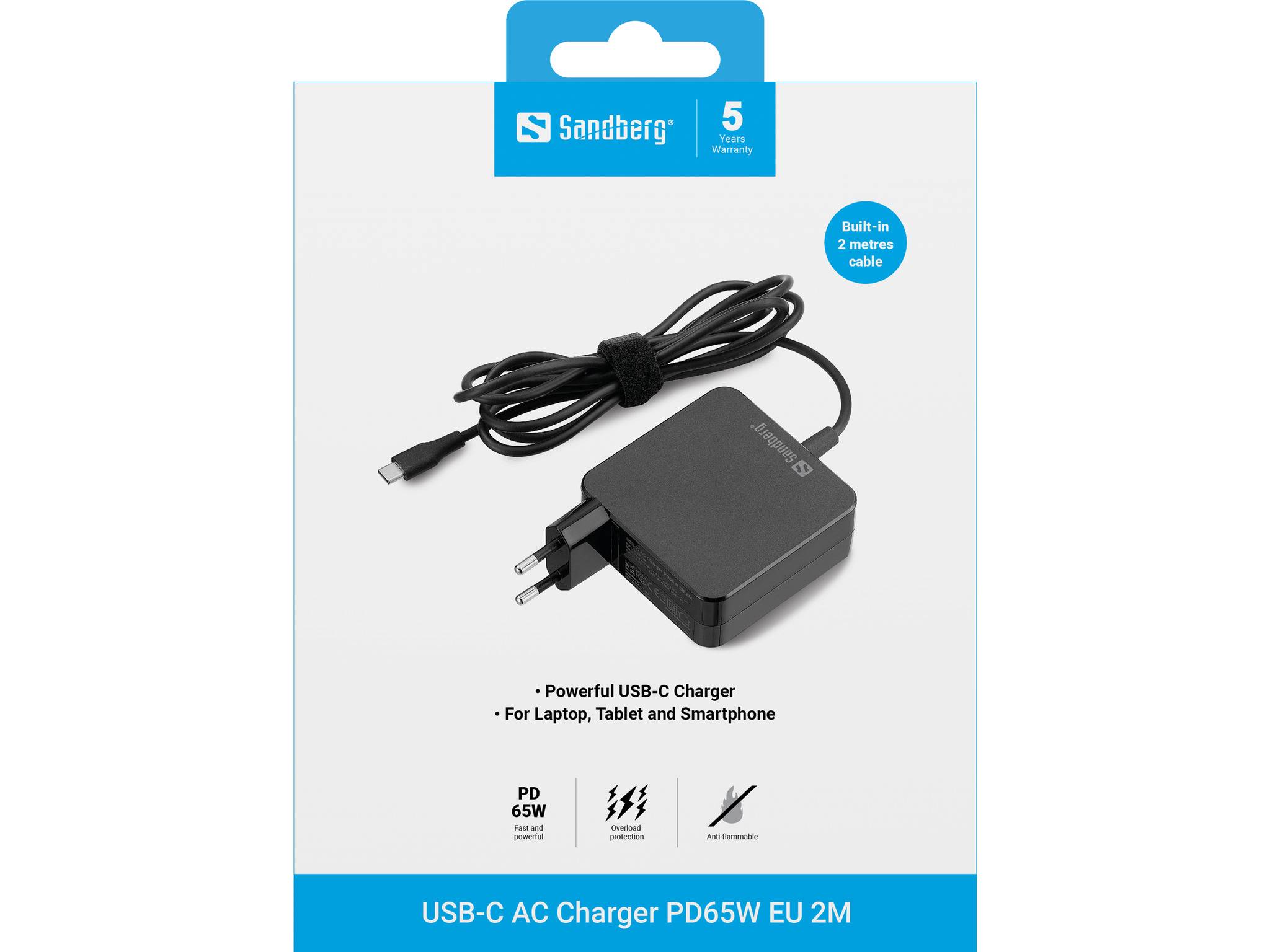 Sandberg USB-C AC Ladegerät PD65W EU 2M, schwarzes 65W USB-C Wandladegerät mit integriertem 2-Meter-Kabel für Laptops, Tablets und Smartphones.