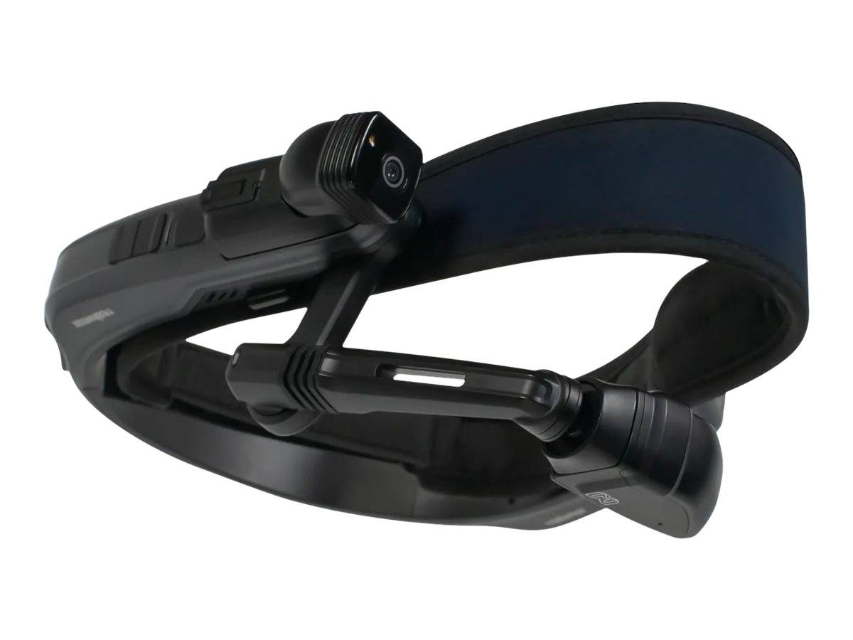 Schwarze verstellbare Stirnlampe mit einem kreisförmigen LED-Licht, das auf einem flexiblen Riemen montiert ist, vor weißem Hintergrund dargestellt.