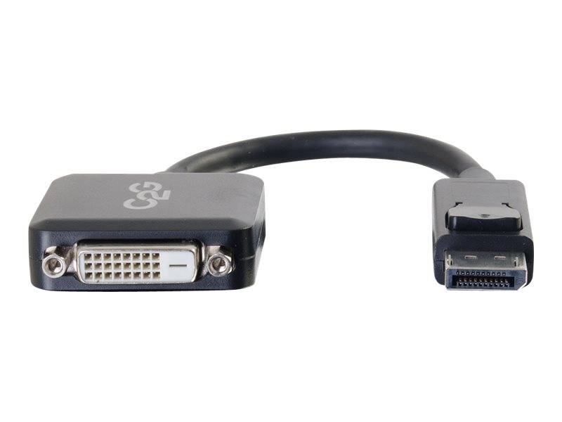 Ein schwarzes Adapterkabel mit einem weiblichen DVI-Anschluss auf der einen Seite und einem männlichen DisplayPort-Anschluss auf der anderen Seite.