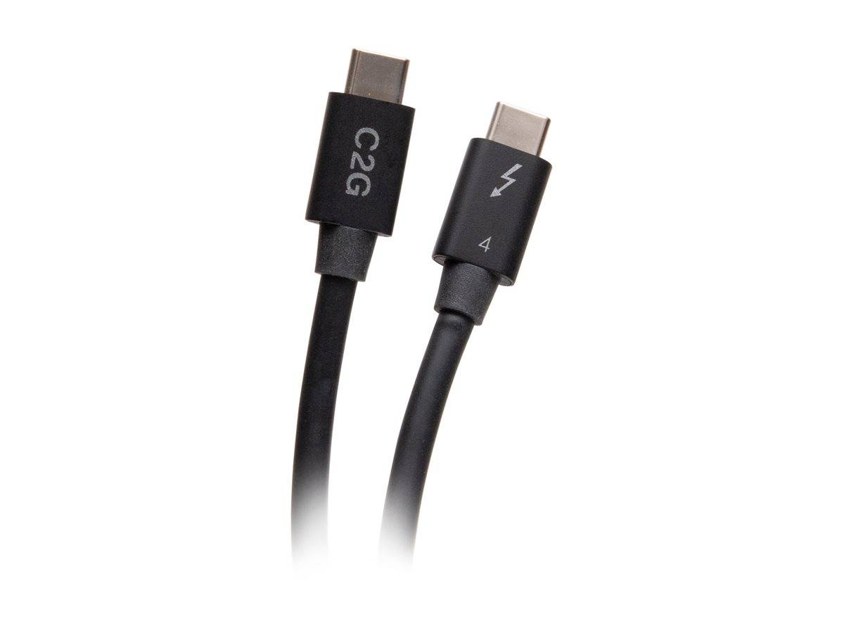 Zwei USB-C-Kabelstecker auf schwarzen Kabeln, einer mit der Beschriftung „C2G