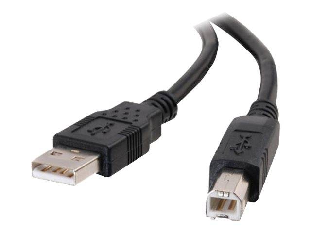 Ein schwarzes USB-Kabel mit einem Standard-USB-Typ-A-Stecker auf der einen und einem USB-Typ-B-Stecker auf der anderen Seite, das zum Anschließen von Geräten wie Druckern verwendet wird.