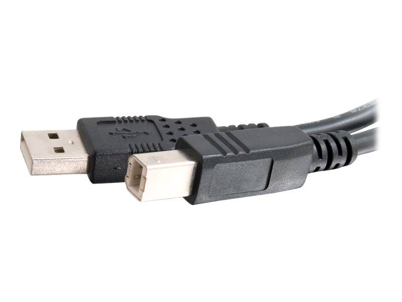 Ein schwarzes USB-Kabel mit zwei verschiedenen Anschlüssen: einem standardmäßigen flachen USB-A auf der einen Seite und einem quadratischen USB-B auf der anderen Seite.