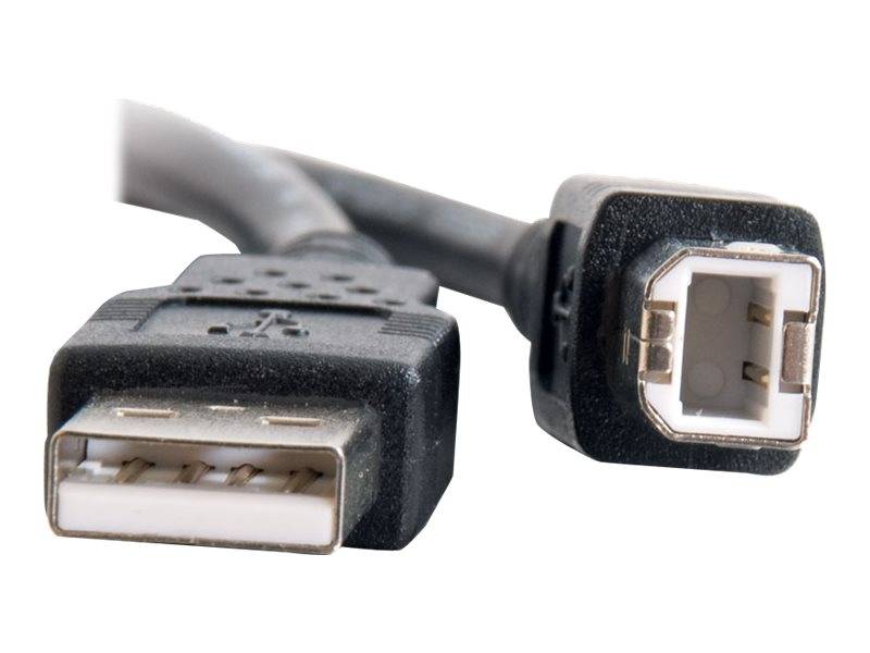 Nahaufnahme eines USB-Kabels mit einem Standard-USB-A-Stecker und einem quadratischen USB-B-Geräteanschluss auf weißem Hintergrund.