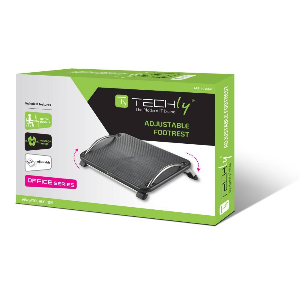Produktverpackung für eine TECHly verstellbare Fußstütze, gekennzeichnet mit 