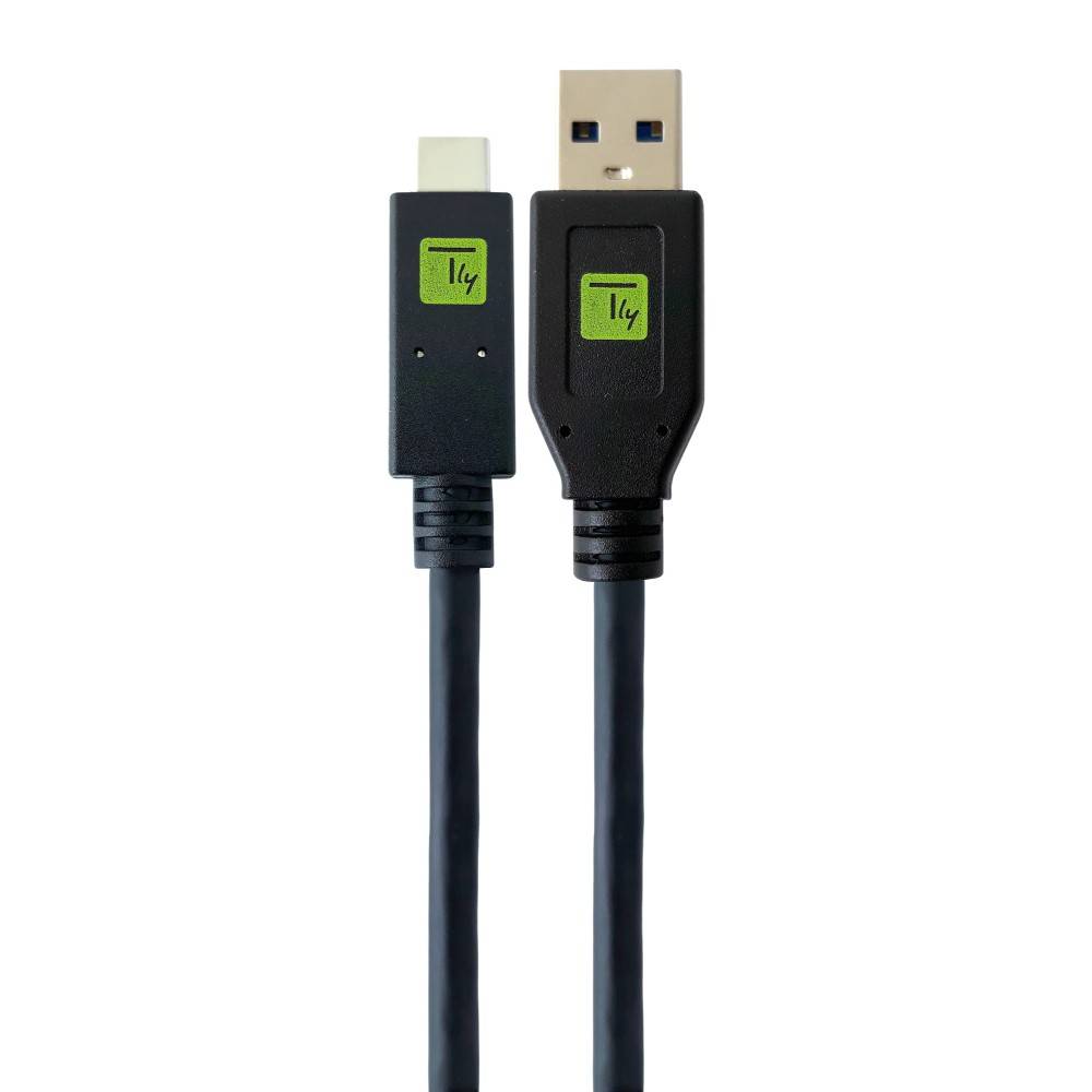 Zwei schwarze USB-Kabelstecker nebeneinander gezeigt, einer USB-A und ein kleinerer Gerätestecker, auf weißem Hintergrund.