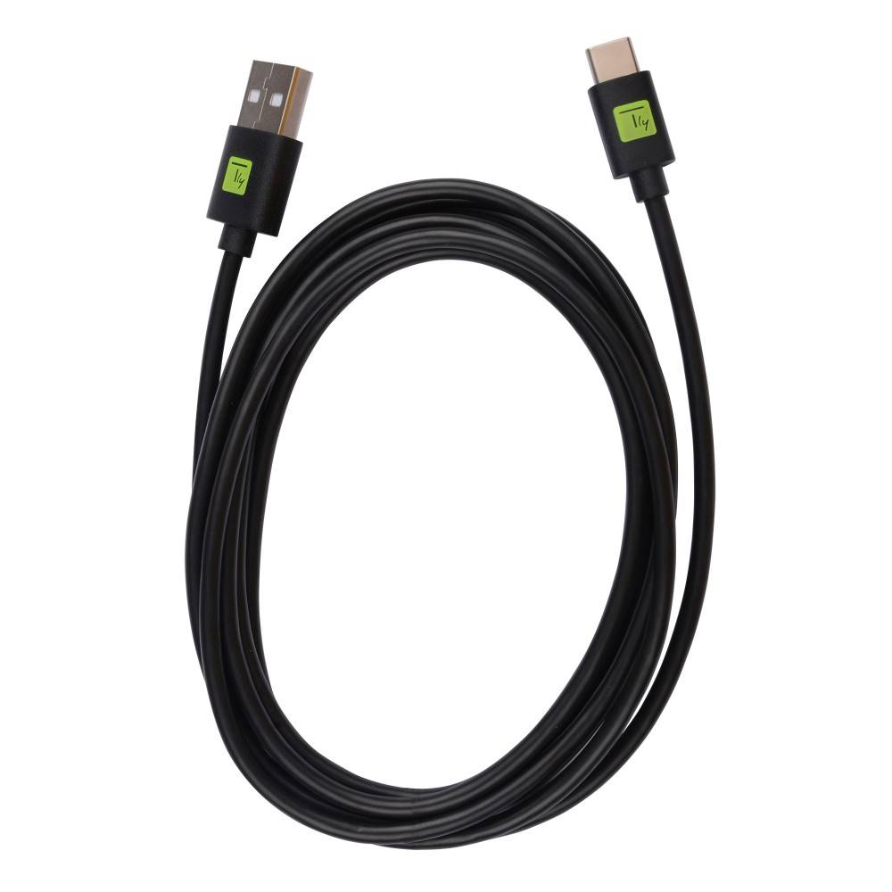 Schwarzes USB-Kabel mit USB-A und USB-C-Anschlüssen auf weißem Hintergrund.