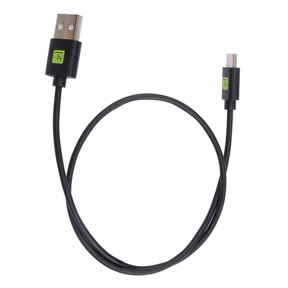 Schwarzes USB-zu-USB-C-Ladekabel mit Standard-USB-A-Anschluss auf der einen Seite und USB-C-Anschluss auf der anderen Seite, aufgerollt auf weißem Hintergrund