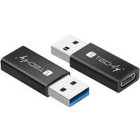 Zwei USB-Stick-Adapter mit schwarzen Gehäusen und silbernen USB-Steckern, einer mit USB-C-Anschluss und der andere mit einem Standard-USB-A-Anschluss.