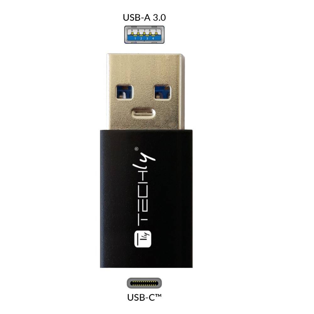 USB-A 3.0 und USB-C Adapter mit der Bezeichnung „TECHY