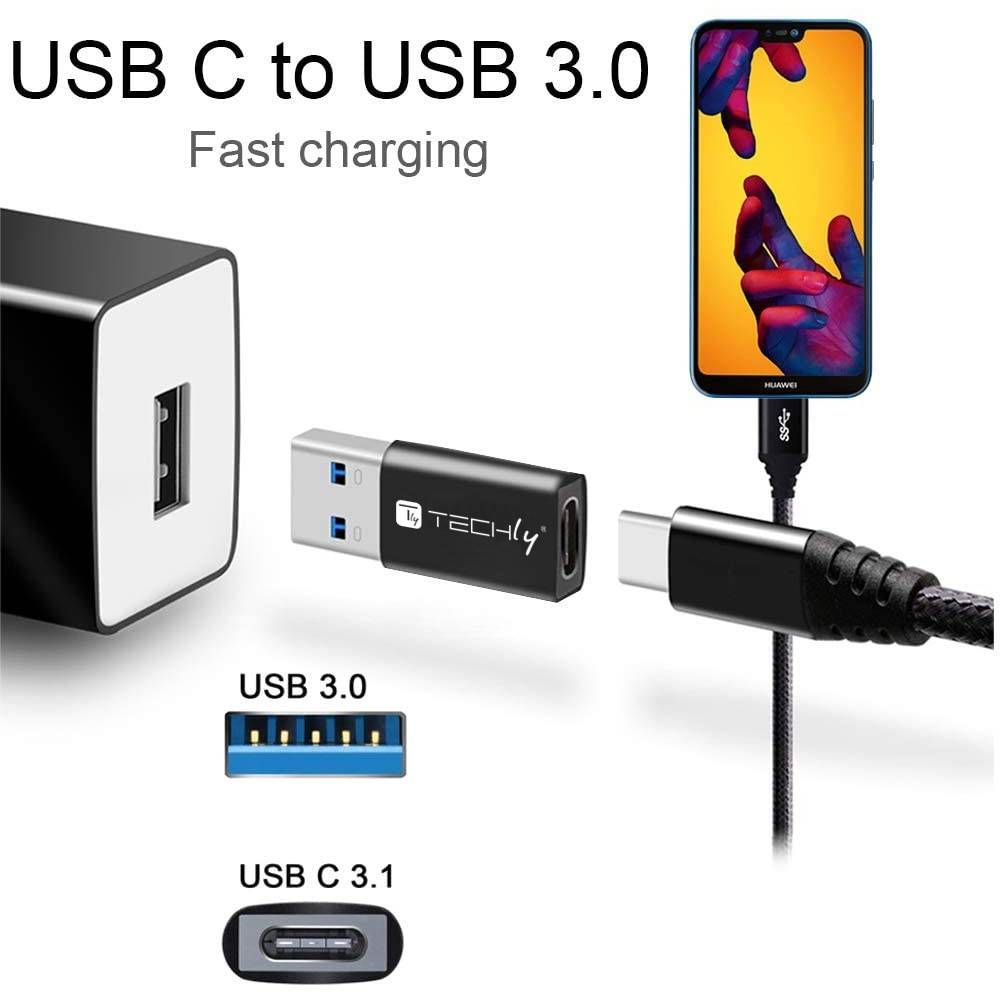 Werbegrafik zeigt einen USB-C zu USB 3.0-Adapter für schnelles Laden, mit Nahaufnahmen des Steckers, des USB 3.0-Anschlusses und eines Telefons beim Laden.