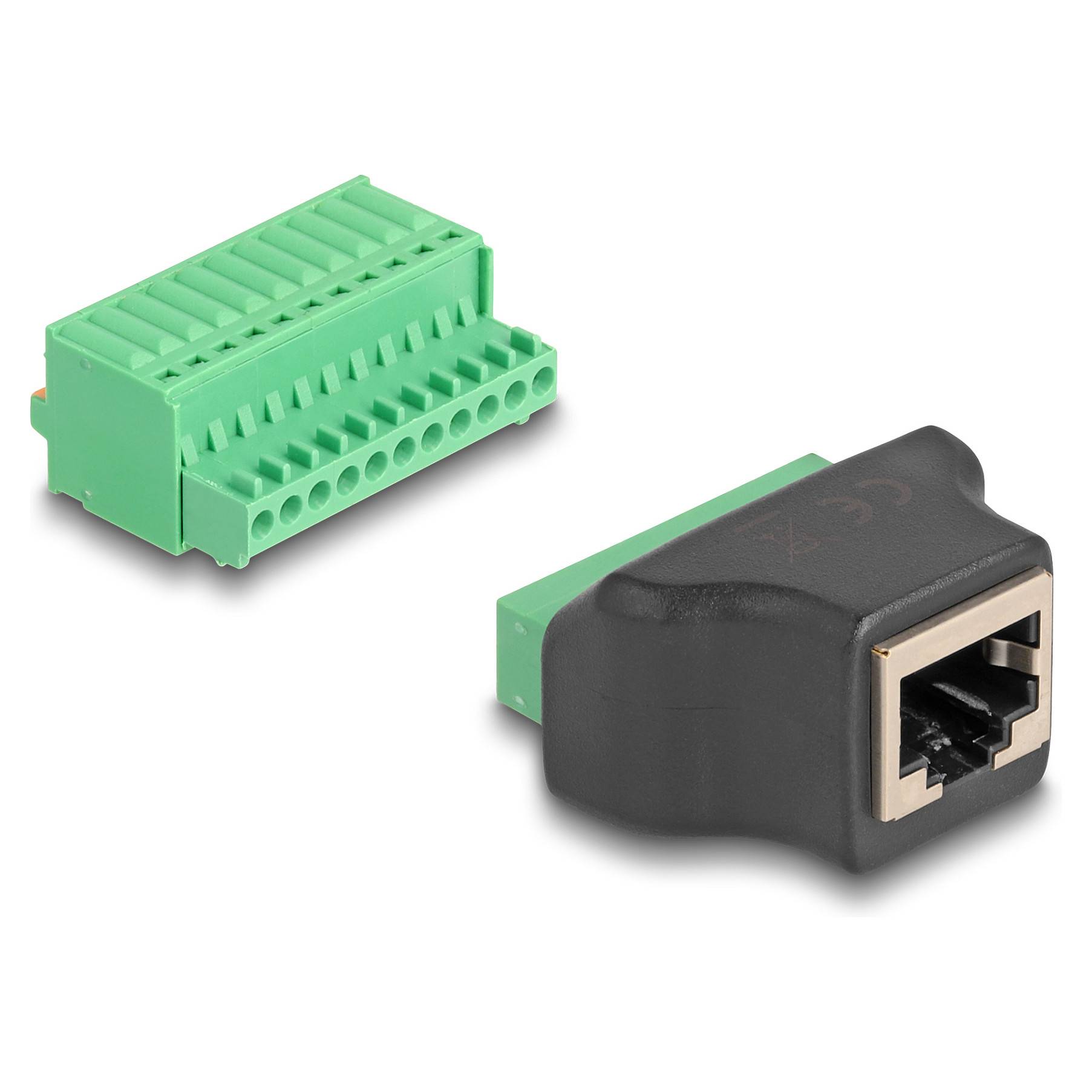 Zwei grüne elektronische Steckeradapter auf weißem Hintergrund: ein Schraubklemmblock und ein schwarzes RJ45-ähnliches Buchsenmodul.