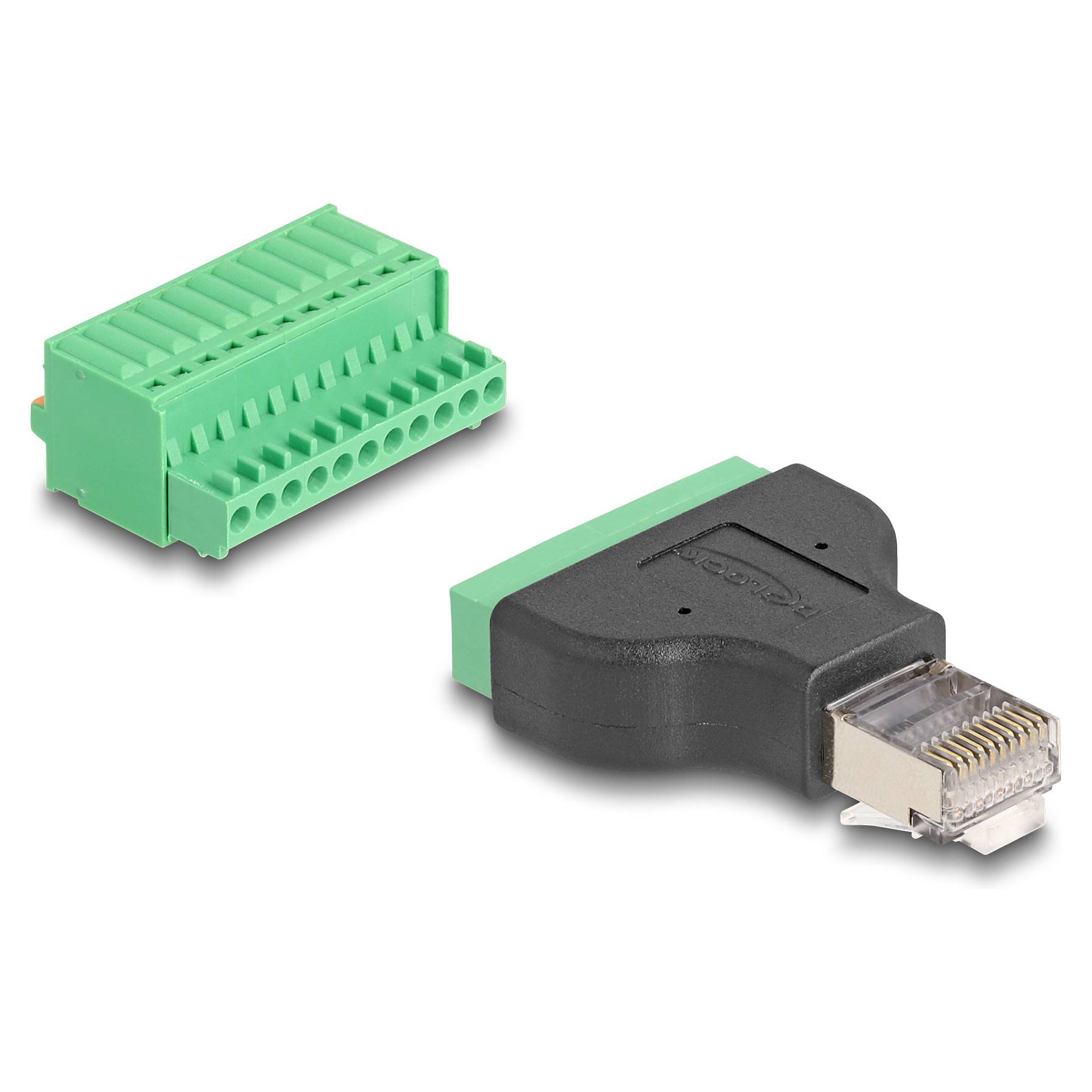 Zwei grüne Elektrosteckeradapter: ein Schraubklemmblock und ein RJ45-Steckeradapter auf weißem Hintergrund.