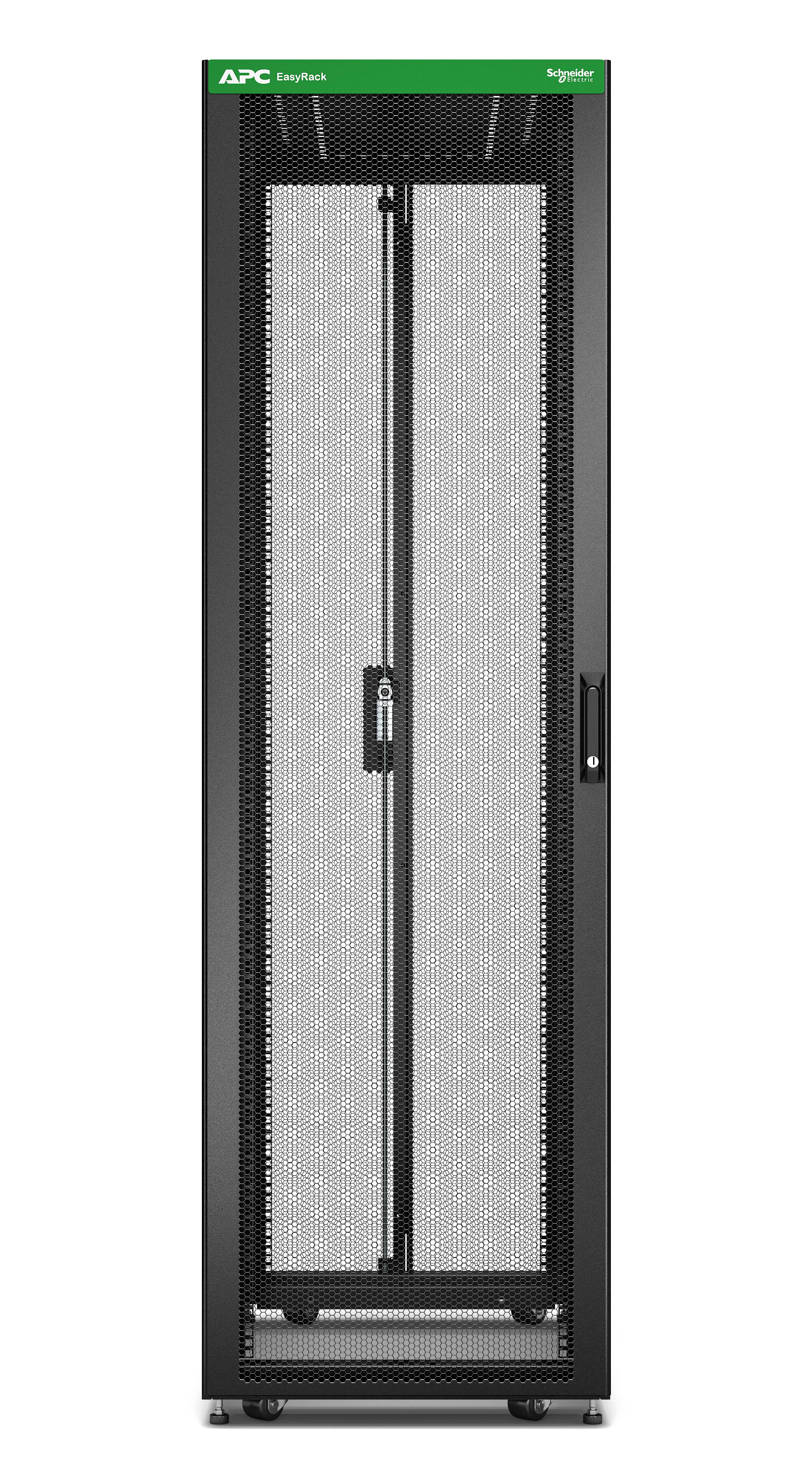 Frontansicht eines hohen schwarzen APC Easy Rack Server-Schranks mit perforierten Türen, zentralem Verschlusshebel und Rollen an der Basis.