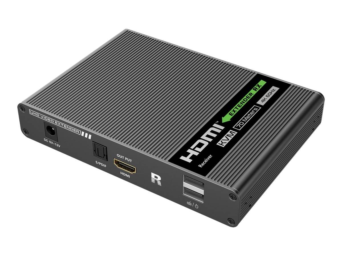 Schwarze HDMI-Verlängerungs-Pro-Box mit gerippter Oberseite, beschriftet mit HDMI-Ein-/Ausgangs- und Stromanschlüssen an der Vorderseite
