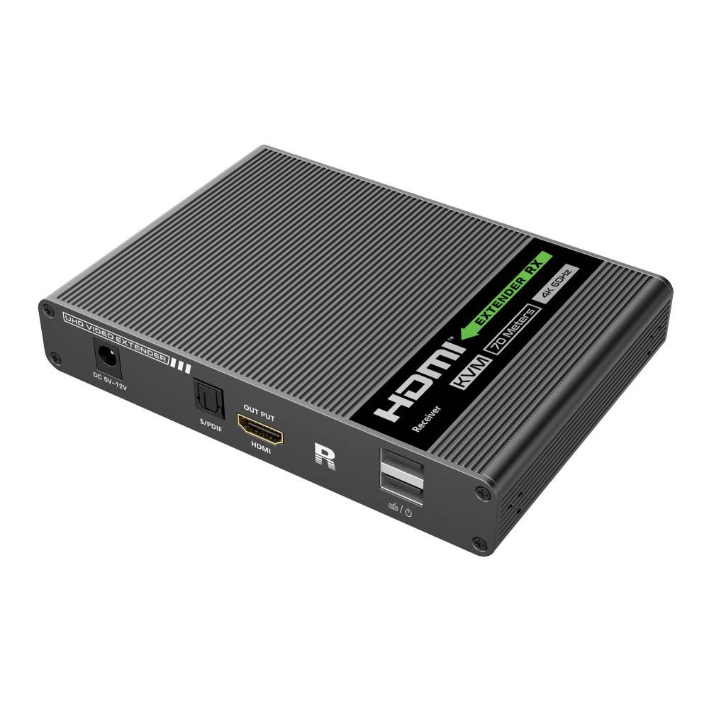 Schwarze HDMI-KVM-Extender-Box mit beschrifteten Anschlüssen und Status-LEDs auf weißem Hintergrund.