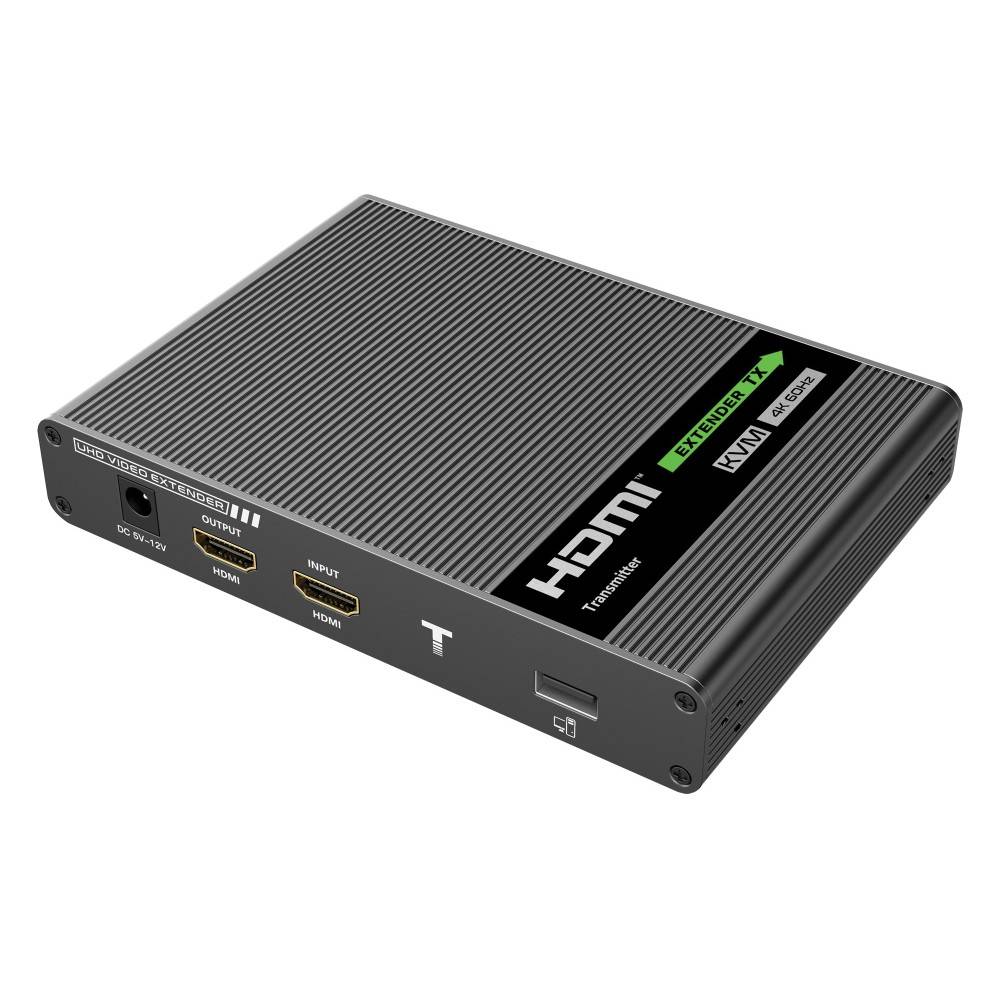 Schwarze HDMI-Verlängerungsbox mit dualen HDMI-Anschlüssen, USB- und Stromanschlüssen, gekennzeichnet für Sender-/Empfängerbetrieb.