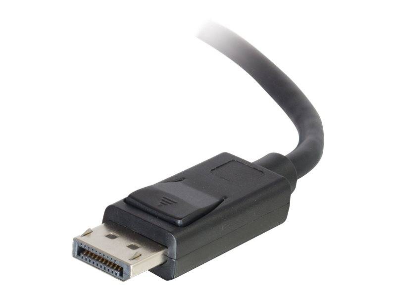Nahaufnahme eines DisplayPort-Kabelsteckers mit schwarzem Kabel und Metallstecker auf weißem Hintergrund.