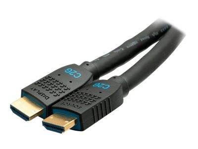 Nahaufnahme eines schwarzen Dual-HDMI-Kabels mit zwei vergoldeten Steckern auf weißem Hintergrund.