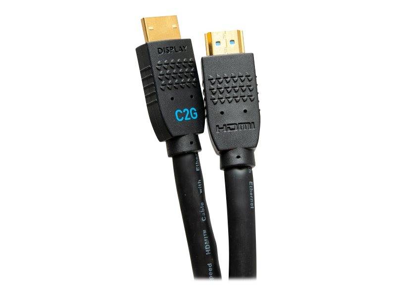 Zwei HDMI-Kabel mit schwarzen Steckern, eines mit der Bezeichnung "Display C2G"", auf weißem Hintergrund dargestellt.