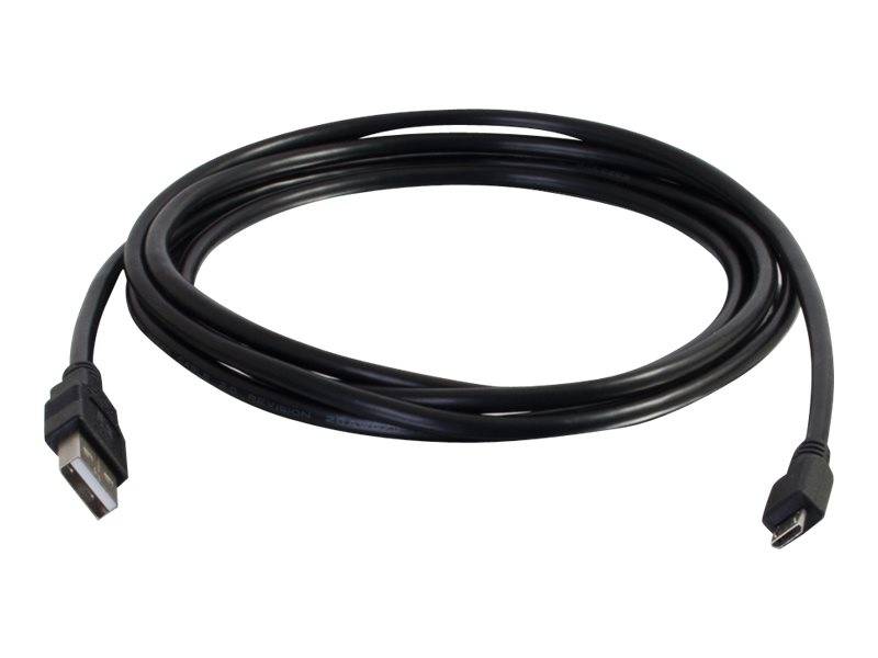 Aufgerolltes schwarzes USB-Kabel mit Standard-USB-A-Stecker auf einer Seite und Micro-USB-Anschluss auf der anderen Seite, freigestellt auf weißem Hintergrund