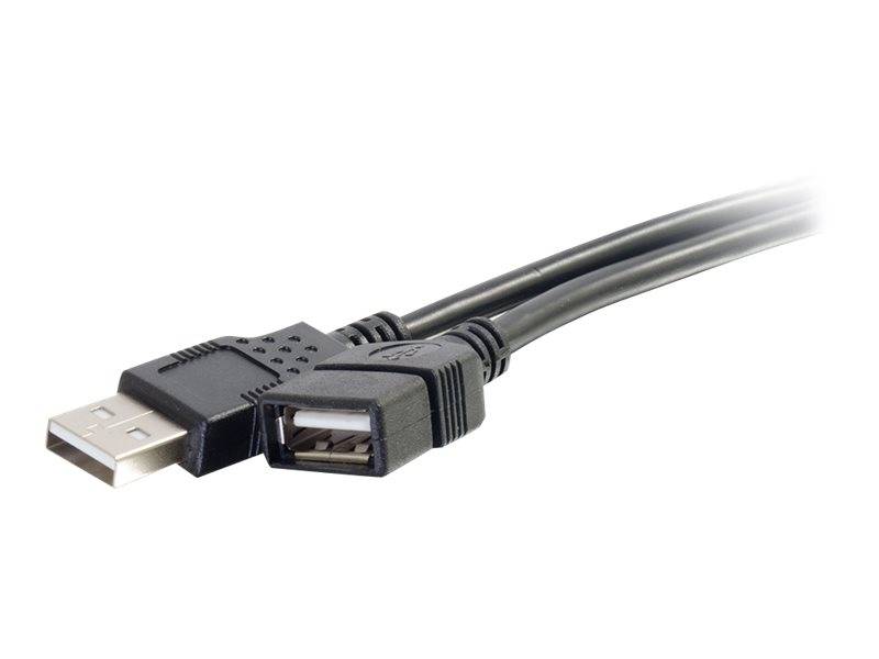USB-Verlängerungskabel mit männlichem USB-A-Stecker und weiblicher USB-A-Buchse auf einem schwarzen Kabel