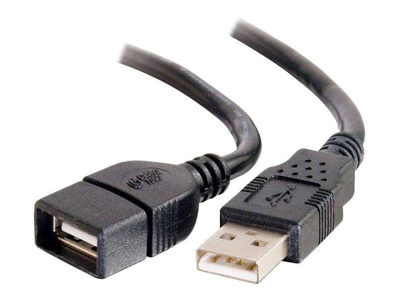USB-Verlängerungskabel mit USB-A-Stecker und USB-A-Buchse auf weißem Hintergrund