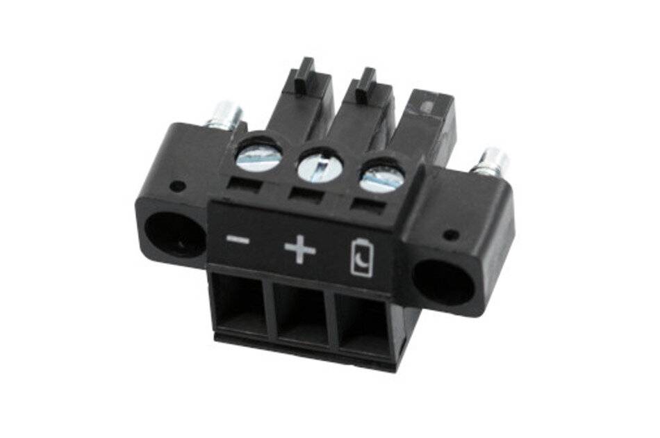 Schwarzer Elektrischer Steckverbinder-Klemmleistenblock mit drei Schraubklemmen mit den Bezeichnungen Minus, Plus und Batteriesymbol.