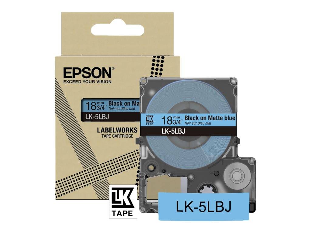 Etikettierband-Kassette von Epson LabelWorks und Spule, gekennzeichnet mit „18 mm Schwarz auf matter blauer Oberfläche