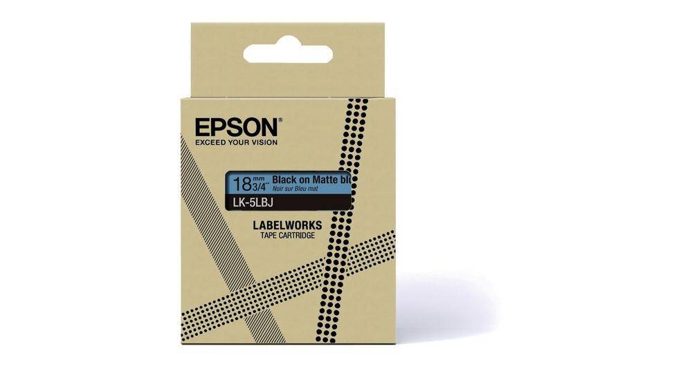 Epson LabelWorks Bandkassette für 18/3,4 mm schwarze Schrift auf matter blauer Etikettenbandrolle, dargestellt auf einfachem weißem Hintergrund.