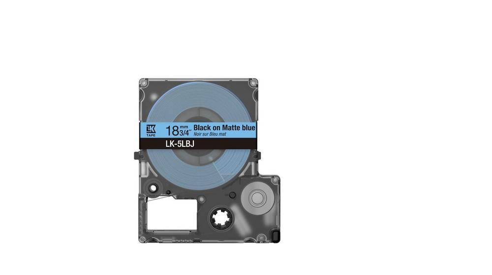 Schwarze und matte blaue Etikettendruckerband-Kassettenkassette mit kreisförmiger Spule, beschriftet mit LK-5LBJ.