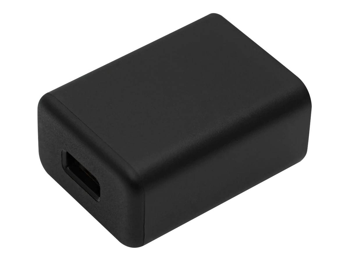 Schwarzer rechteckiger Netzteil oder Ladegerät mit einem einzelnen USB-Anschluss an einem Ende.