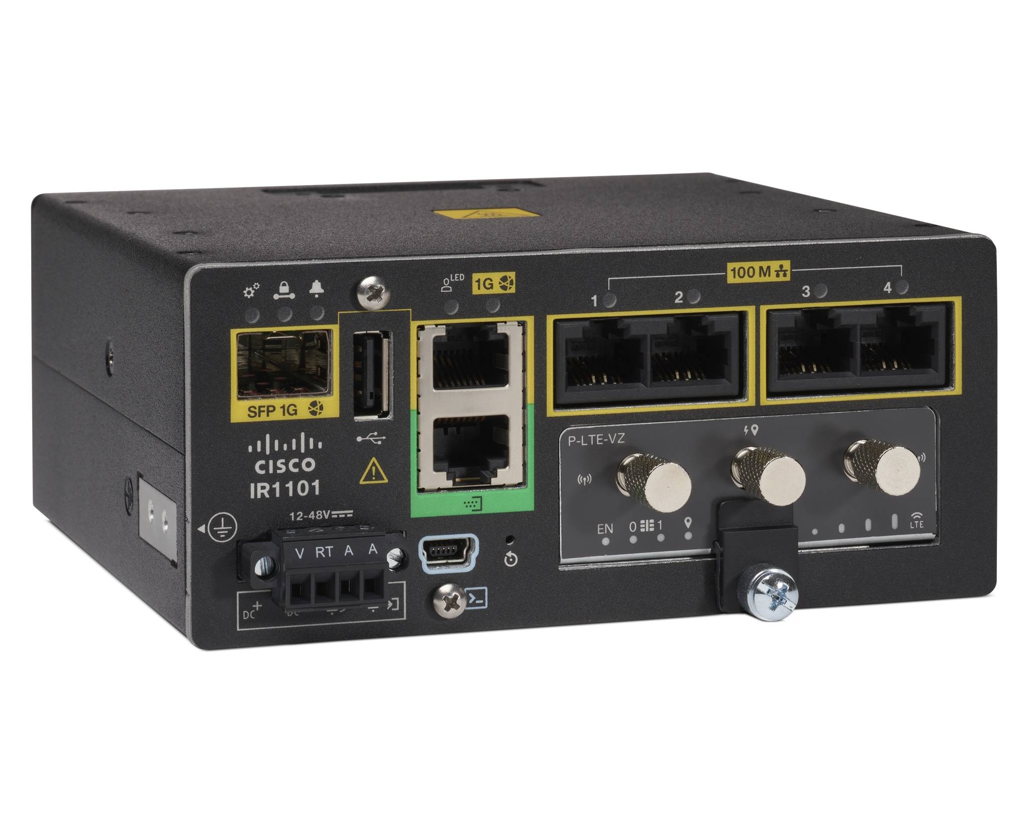 Cisco IR1101 Industrie-Router Frontplatte mit SFP und mehreren Ethernet-Anschlüssen, Status-LEDs und drei Bedienknöpfen auf einem schwarzen Metallgehäuse.