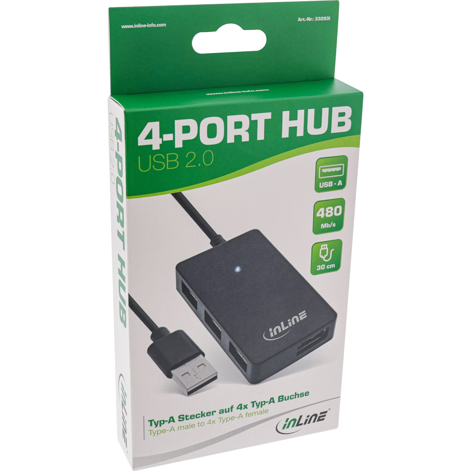 InLine USB 2.0 Hub - 4 Port - schwarz - mit USB DC Kabel - Kabel 30cm - 0,48 Gbp