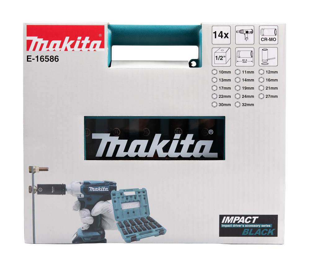 Makita E-16586, Steckschlüsselsatz, Schwarz, Grün, 14 Kopf/Köpfe, 1/2", Metrisch, 10,11,12,13,14,16,17,19,21,22,24,27,30,32 mm