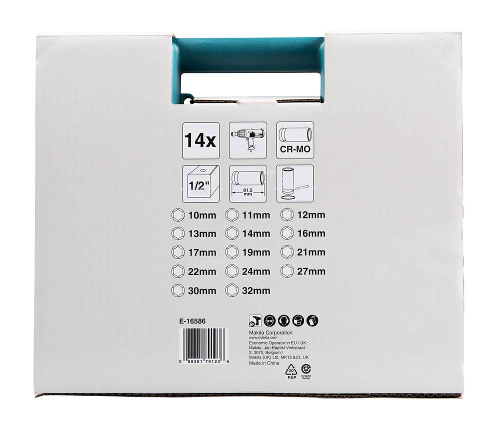 Makita E-16586, Steckschlüsselsatz, Schwarz, Grün, 14 Kopf/Köpfe, 1/2", Metrisch, 10,11,12,13,14,16,17,19,21,22,24,27,30,32 mm