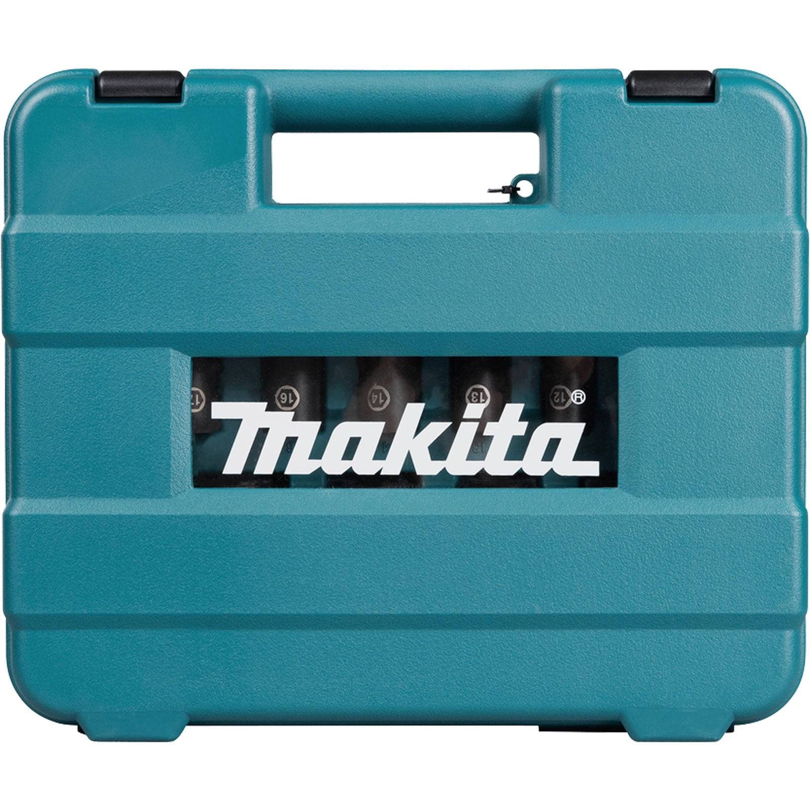 Ein türkisfarbener, robuster Makita Werkzeugkoffer mit Griff, auf dem das weiße Makita-Logo auf der Vorderseite prangt.