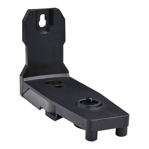 Schwarze Wandmontageklammer mit Schlüssellochnut und Schraubenbolzen, dargestellt in angewinkelter Produktansicht auf weißem Hintergrund.