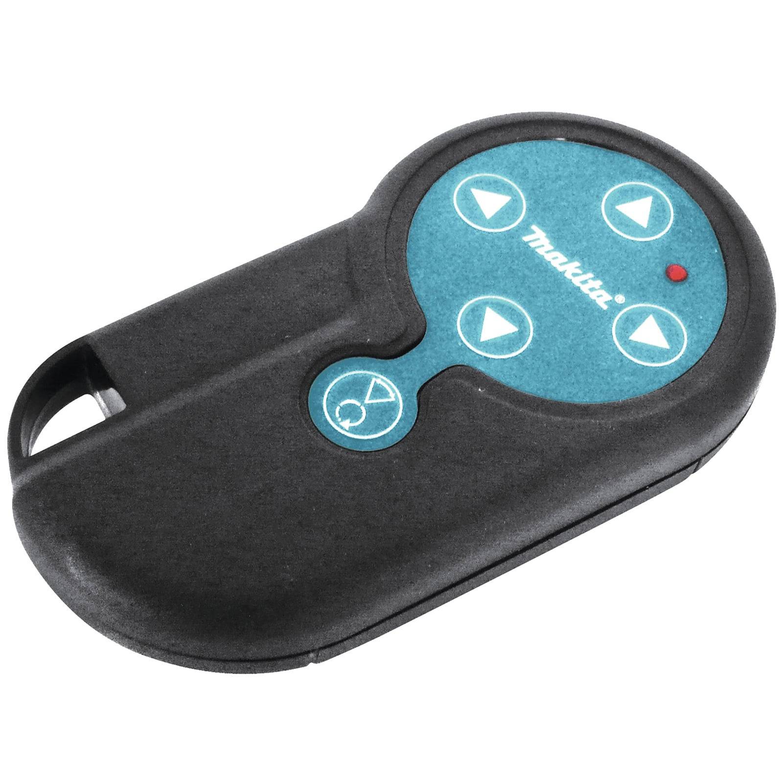 Eine schwarze und türkisfarbene Fernbedienung mit vier weißen Richtungspfeilen, einem Power-Symbol und einer roten Leuchtanzeige.