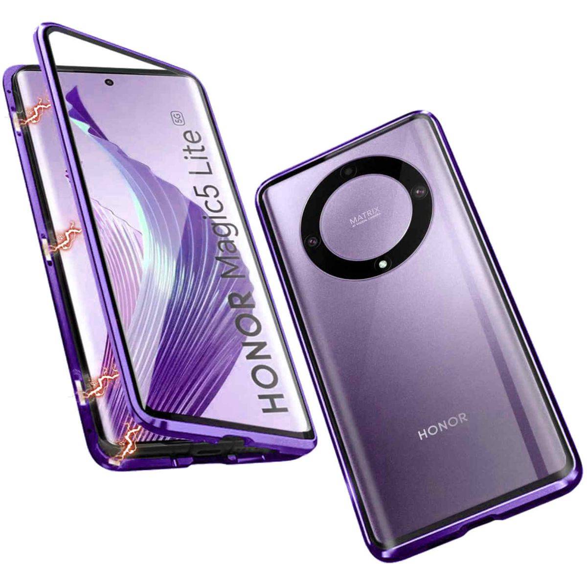 Für Honor Magic 5 Lite Beidseitiger 360 Grad Magnet Glas Hülle Handy Tasche Bumper Lila