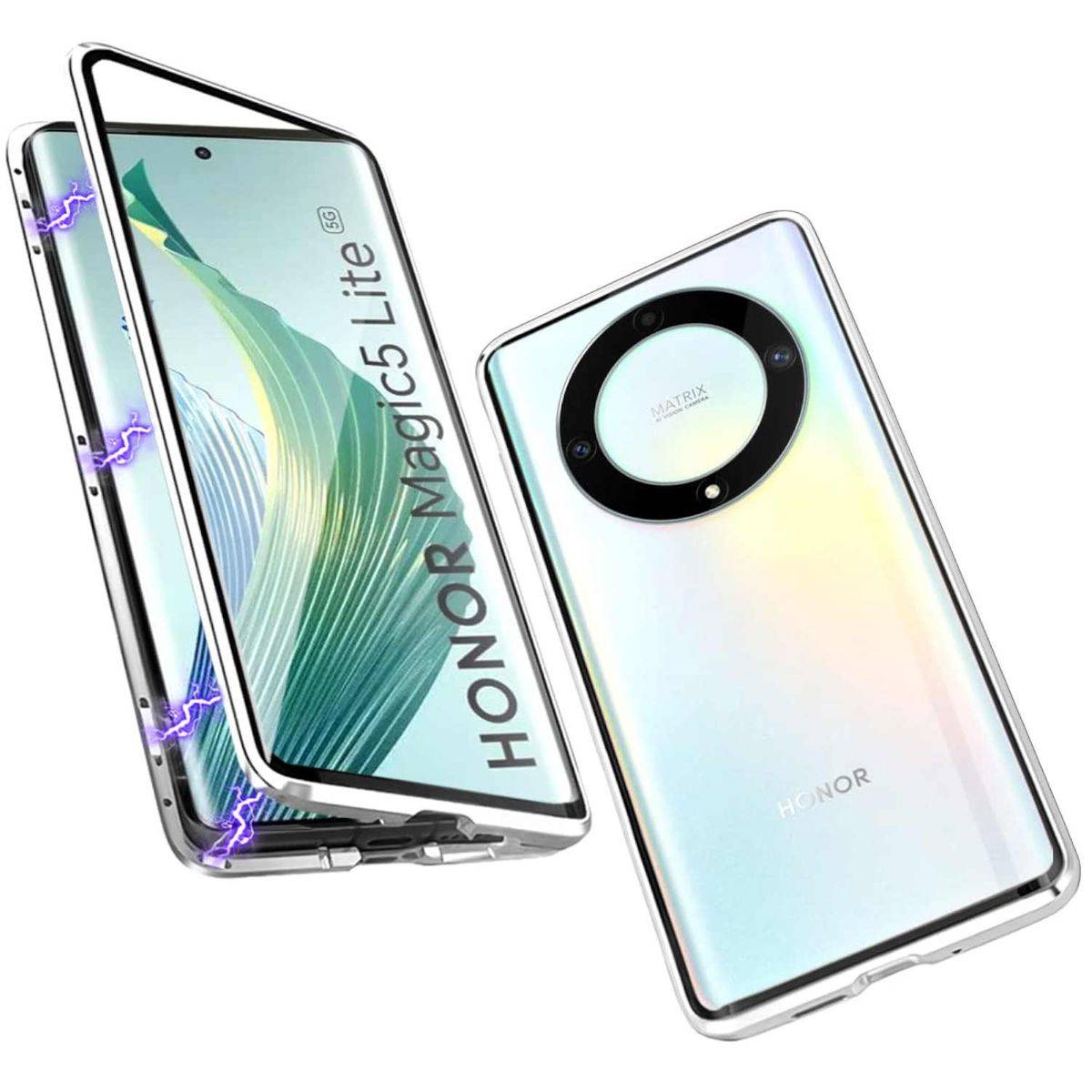 Für Honor Magic 5 Lite Beidseitiger 360 Grad Magnet Hülle Silber
