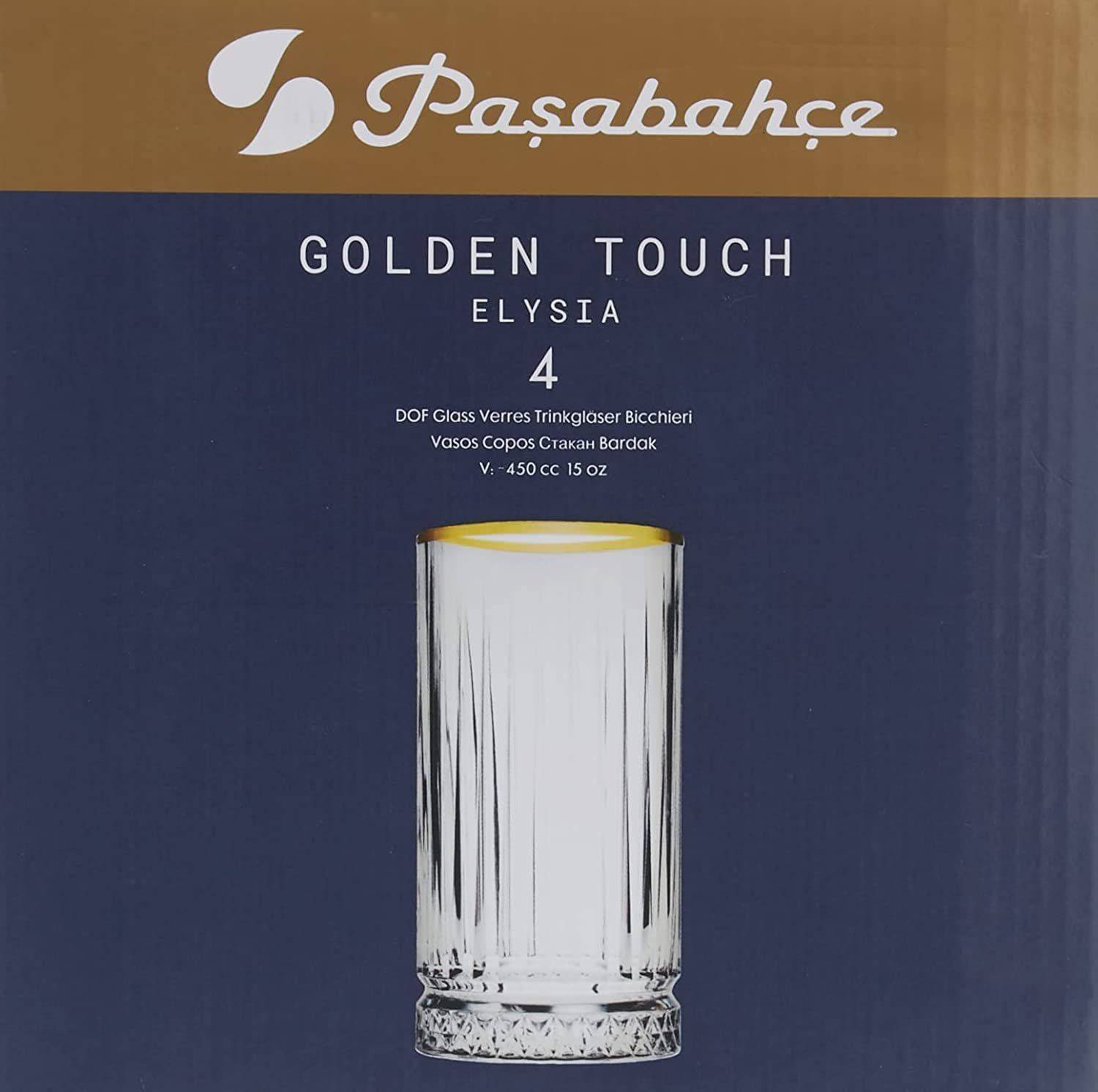 Pasabahce Elysia Longdrink Glas im Retro-Design und Kristall-Look 280ml 4-Stück 520125 Gold